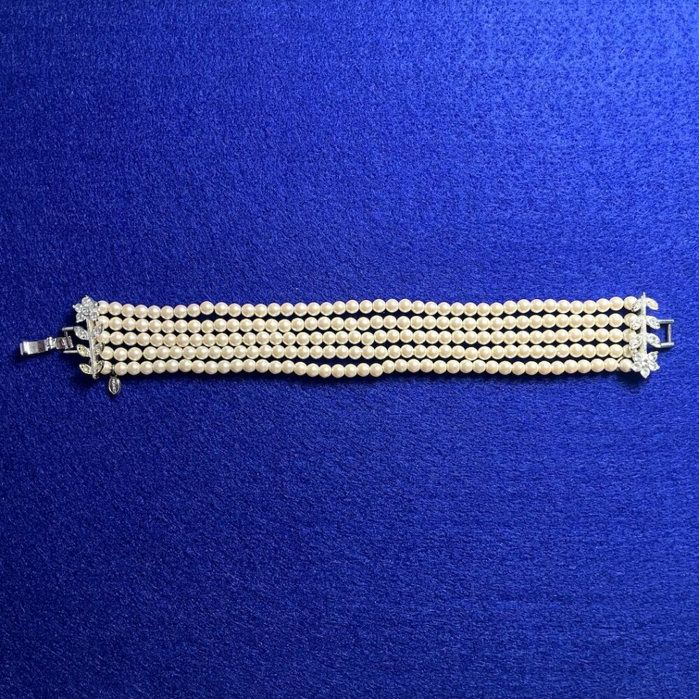 Vintage Faux Pearl Multistrand Bracelet | Cubic Zirconia Floral Clasp | Timeless - Picture 4 of 8